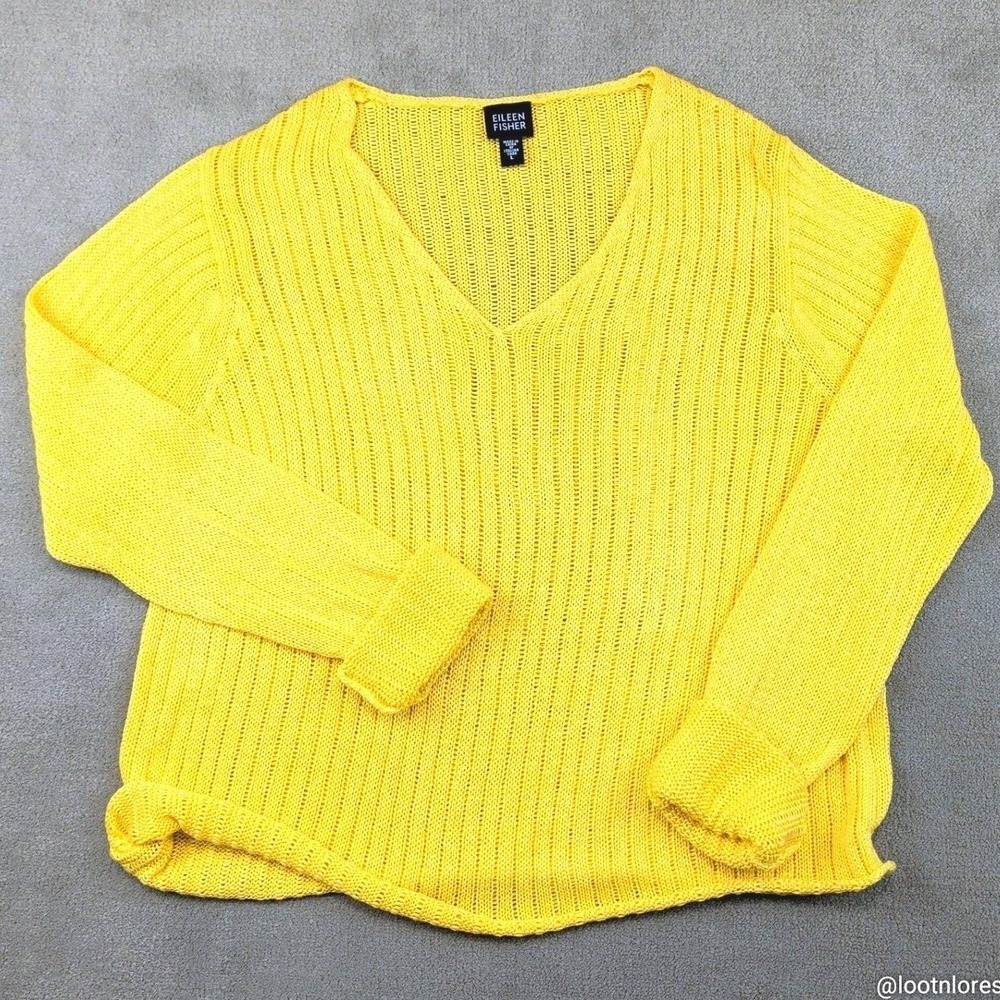 Eileen Fisher Minimalist Yellow V-Neck Sweater Large Quite Luxury Summer Knit